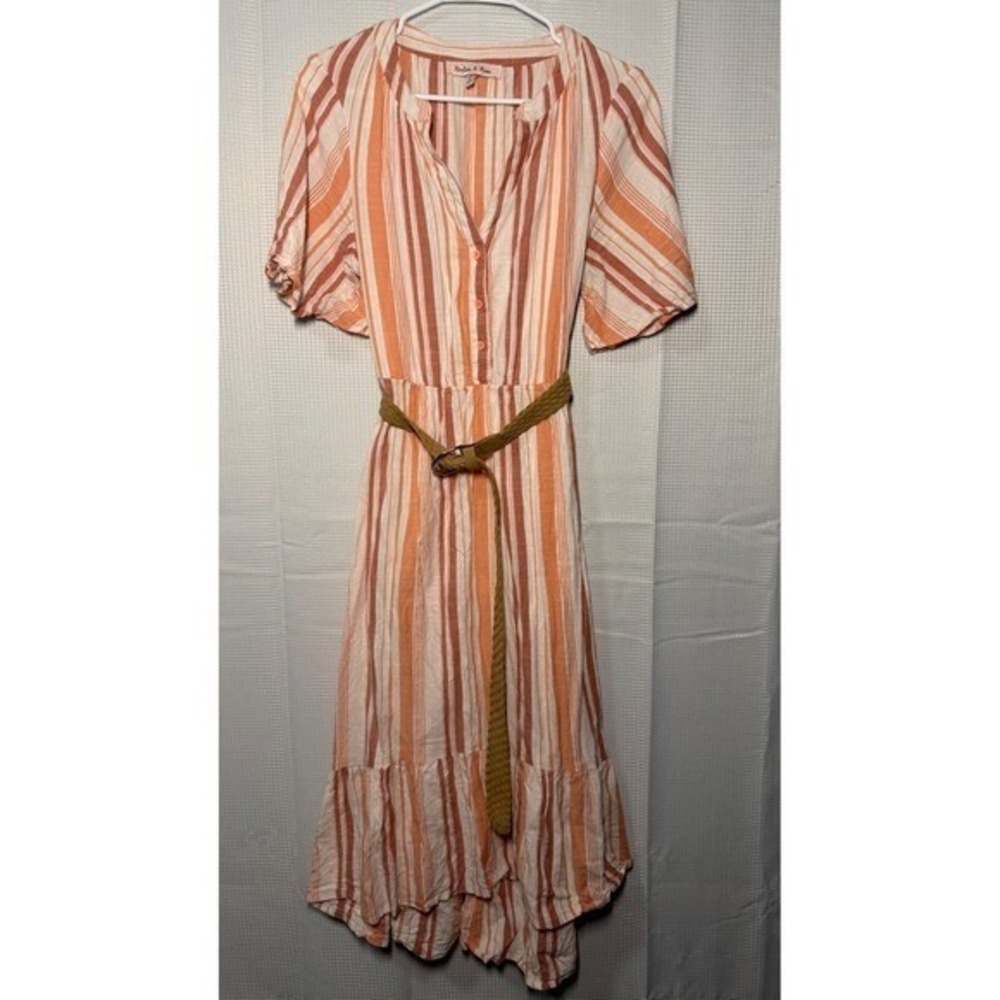 Harlow & Rose Women's Striped V-Neck Belted Maxi Dress – Orange & White – Size M